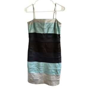 OLEG CASSINI Horizontal Colorblock Knee Length Spaghetti Strap DRY CLEANED Sz 8